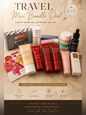 Travel Mini Skincare Bundle -13 pc  Luxury Minis Assortment and Elemis gift bag.